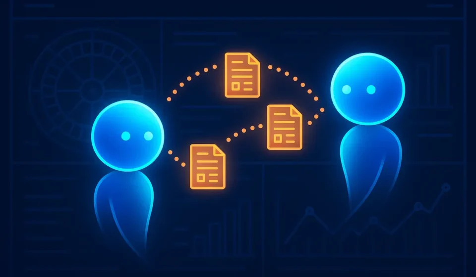Two AI agents exchanging player data across an online casino operations dashboard