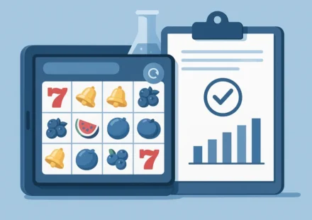 Slot game screen next to a testing lab report and certification stamp, illustrating casino game certification