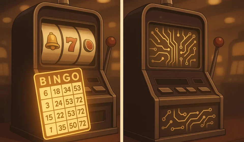 Illustration comparing a bingo-based Class II gaming machine with an RNG-driven Class III slot machine