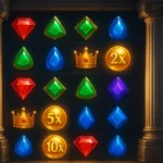 Greek mythology themed slot grid with gemstone symbols and glowing multiplier orbs representing Gates of Olympus 2500