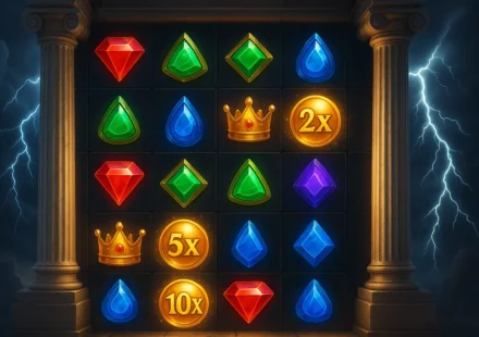 Greek mythology themed slot grid with gemstone symbols and glowing multiplier orbs representing Gates of Olympus 2500