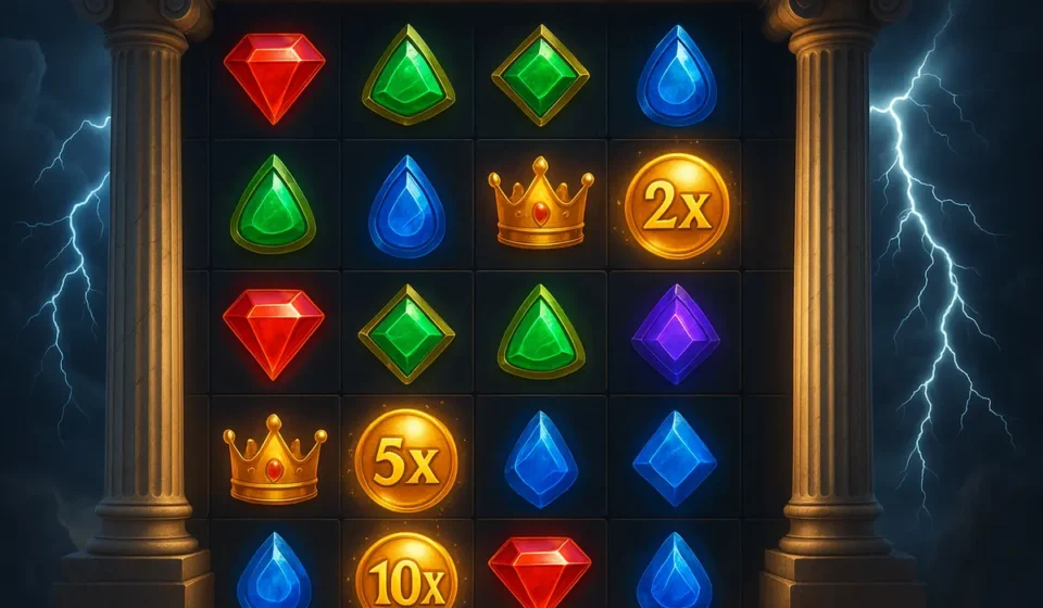 Greek mythology themed slot grid with gemstone symbols and glowing multiplier orbs representing Gates of Olympus 2500