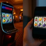 Slot cabinet on a casino floor beside the same slot game running on a phone screen