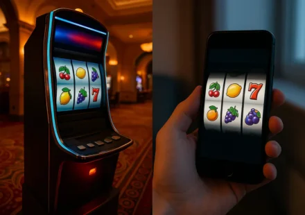 Slot cabinet on a casino floor beside the same slot game running on a phone screen