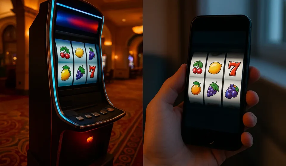 Slot cabinet on a casino floor beside the same slot game running on a phone screen