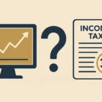 Illustration comparing a prediction market price chart with an Indian income tax form marked 30%