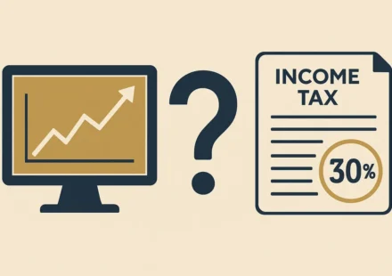 Illustration comparing a prediction market price chart with an Indian income tax form marked 30%
