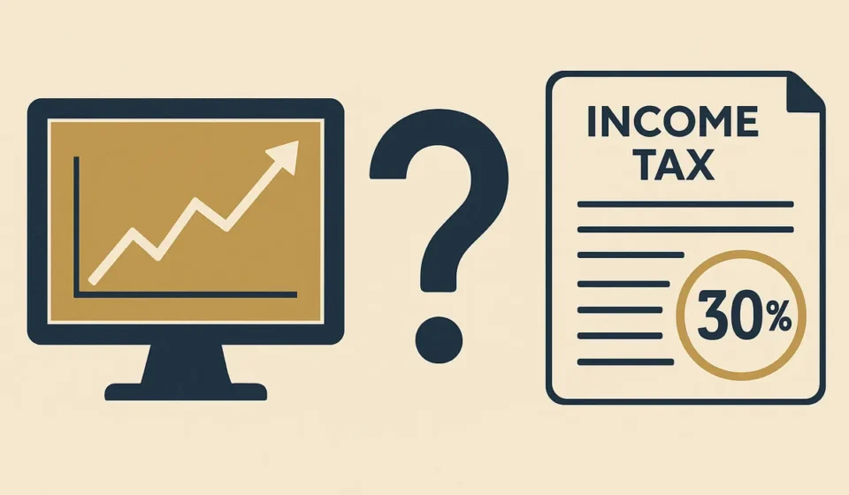 Illustration comparing a prediction market price chart with an Indian income tax form marked 30%