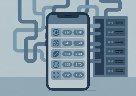 Illustration showing betting odds data flowing from servers into a sportsbook app on a phone