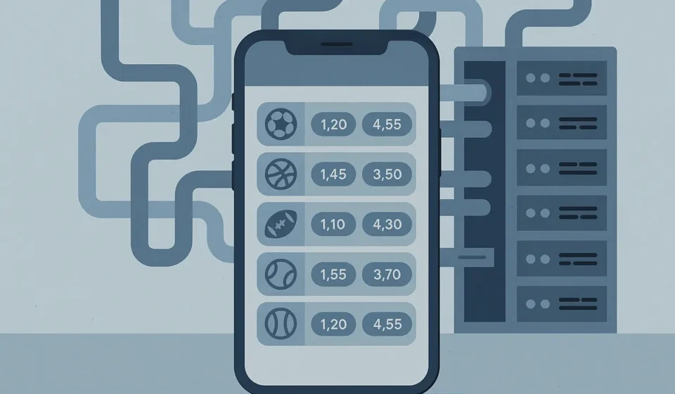 Illustration showing betting odds data flowing from servers into a sportsbook app on a phone