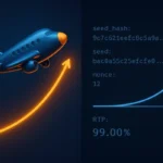 Split image comparing a flashy crash game visual with the underlying seed hash and RTP data behind it
