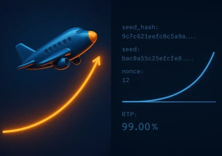 Split image comparing a flashy crash game visual with the underlying seed hash and RTP data behind it