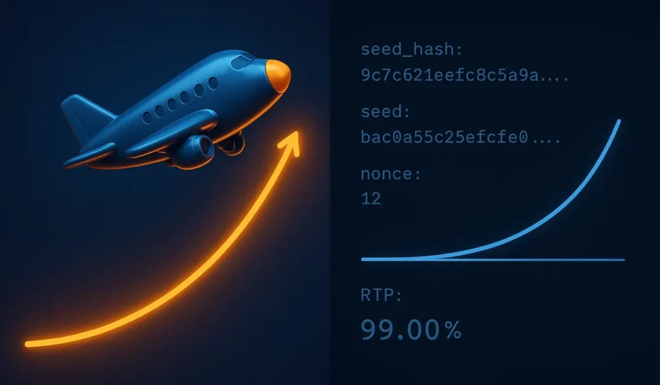 Split image comparing a flashy crash game visual with the underlying seed hash and RTP data behind it