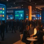 Business visitors meeting at branded stands on an iGaming exhibition floor