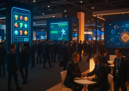 Business visitors meeting at branded stands on an iGaming exhibition floor