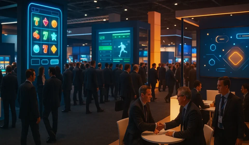 Business visitors meeting at branded stands on an iGaming exhibition floor