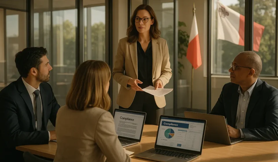 Female gaming executive leading a compliance and governance meeting